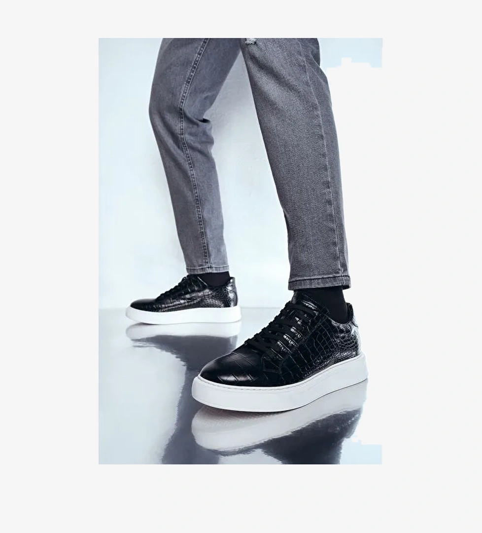 Erkek Siyah Bağcıklı Deri Sneaker 25WFD6100E3 - Görsel 1