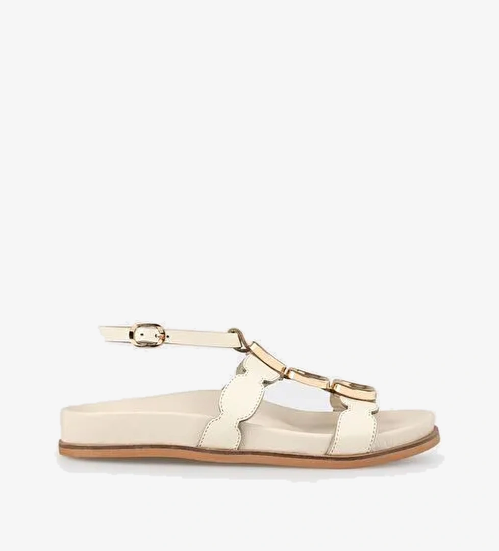 Ekru Deri Kadın Sandalet - Görsel 1