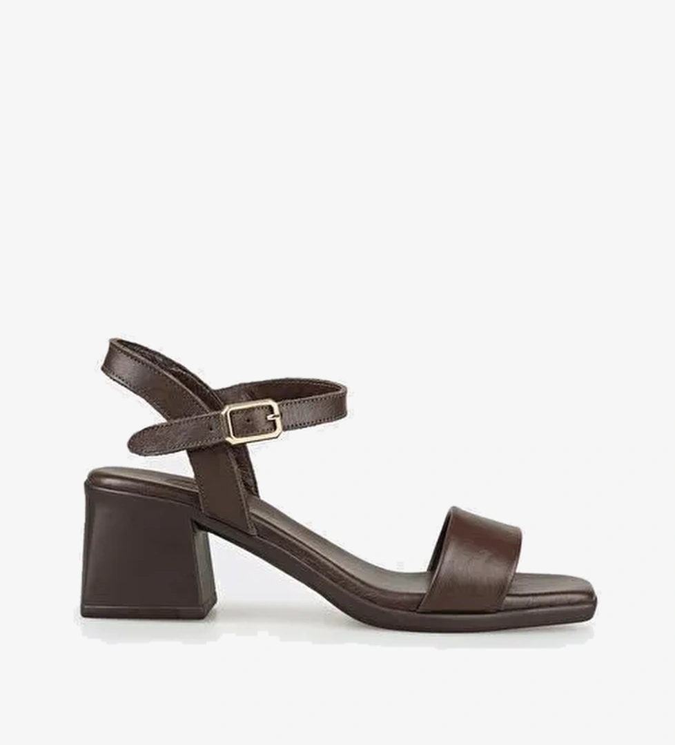 Kahve Deri Kadın Topuklu Sandalet - Görsel 1