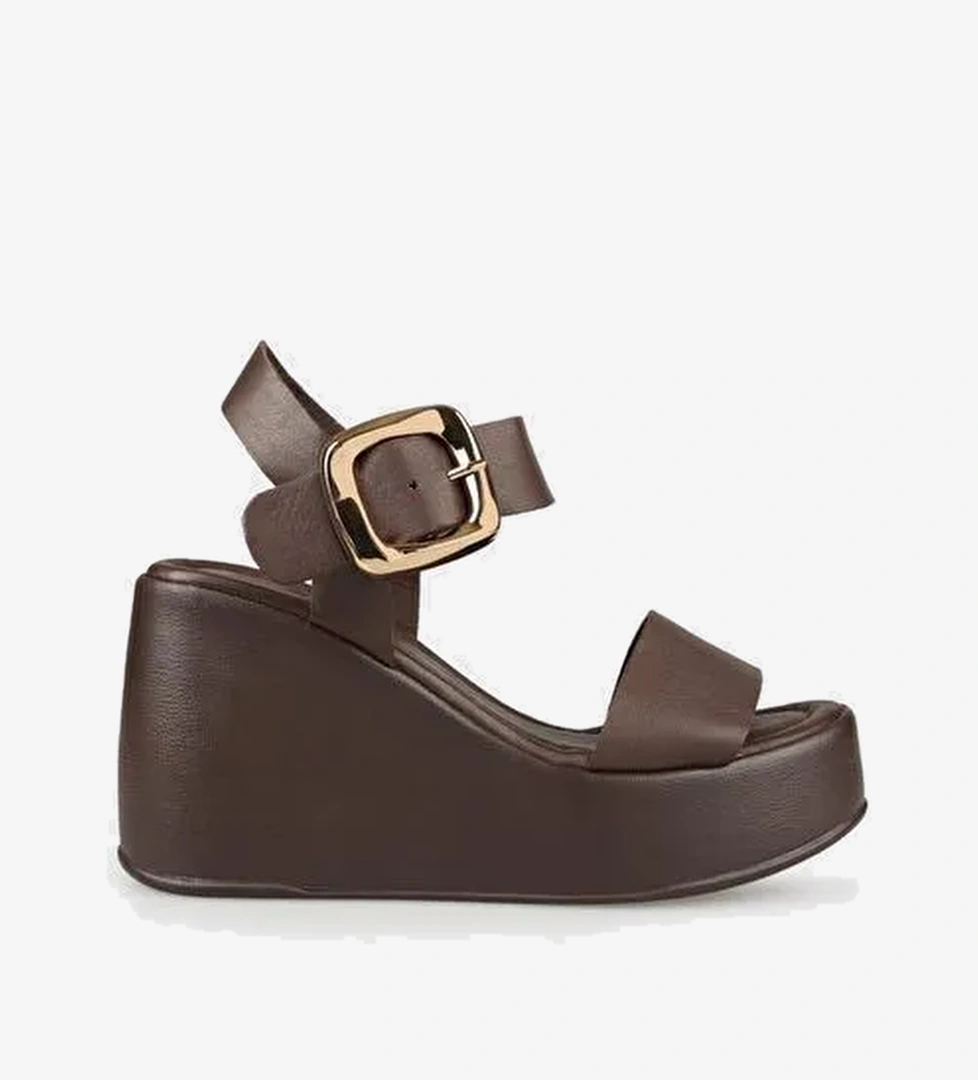 Kahve Deri Kadın Dolgu Topuk Sandalet - Görsel 1