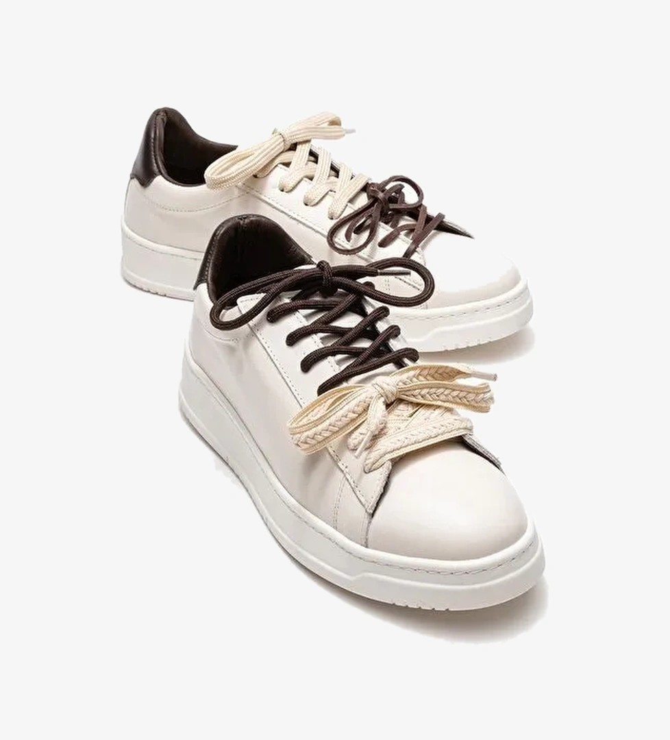 WARRON Ekru Kahverengi Hakiki Deri Kadın Sneakers - Görsel 1