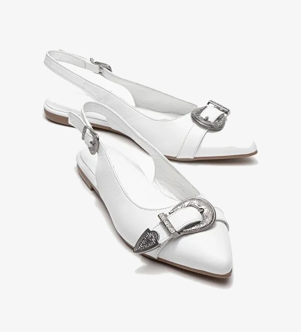 DOROTHY Beyaz Hakiki Deri Tokalı Sivri Burunlu Kadın Sandalet - Görsel 1