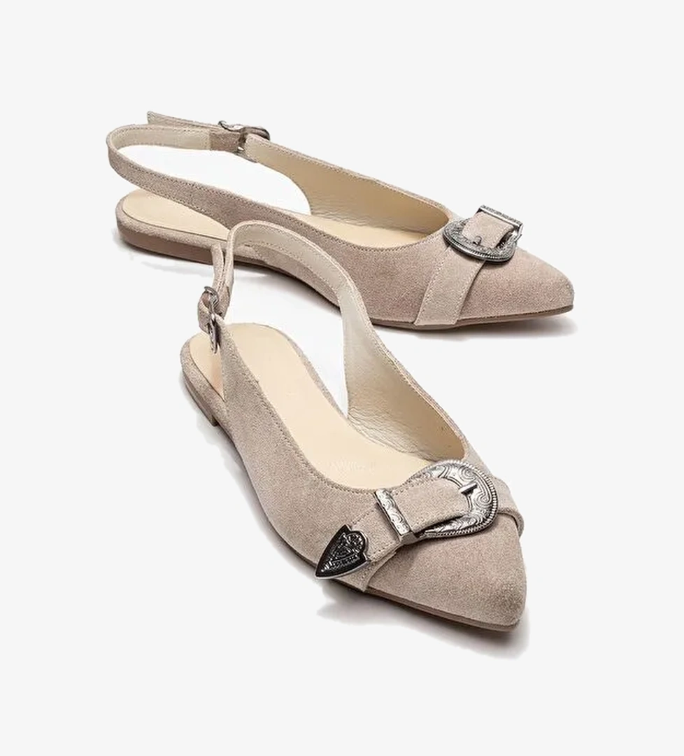DOROTHY Bej Süet Hakiki Deri Tokalı Sivri Burunlu Kadın Sandalet - Görsel 1