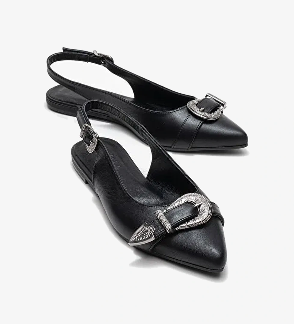 DOROTHY Siyah Hakiki Deri Tokalı Sivri Burunlu Kadın Sandalet - Görsel 1