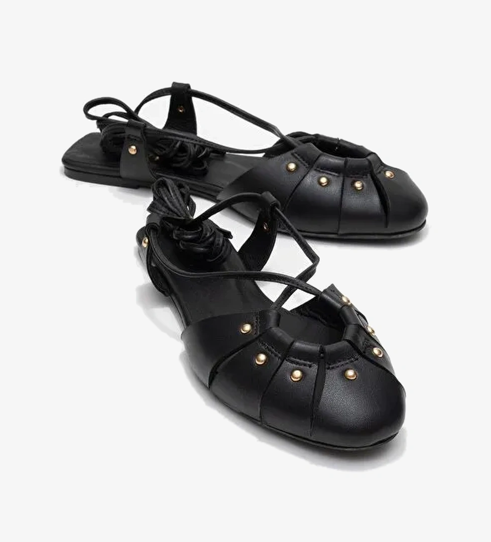 DARIA Siyah Hakiki Deri Troklu Bilekten Bağcıklı Kadın Sandalet - Görsel 1