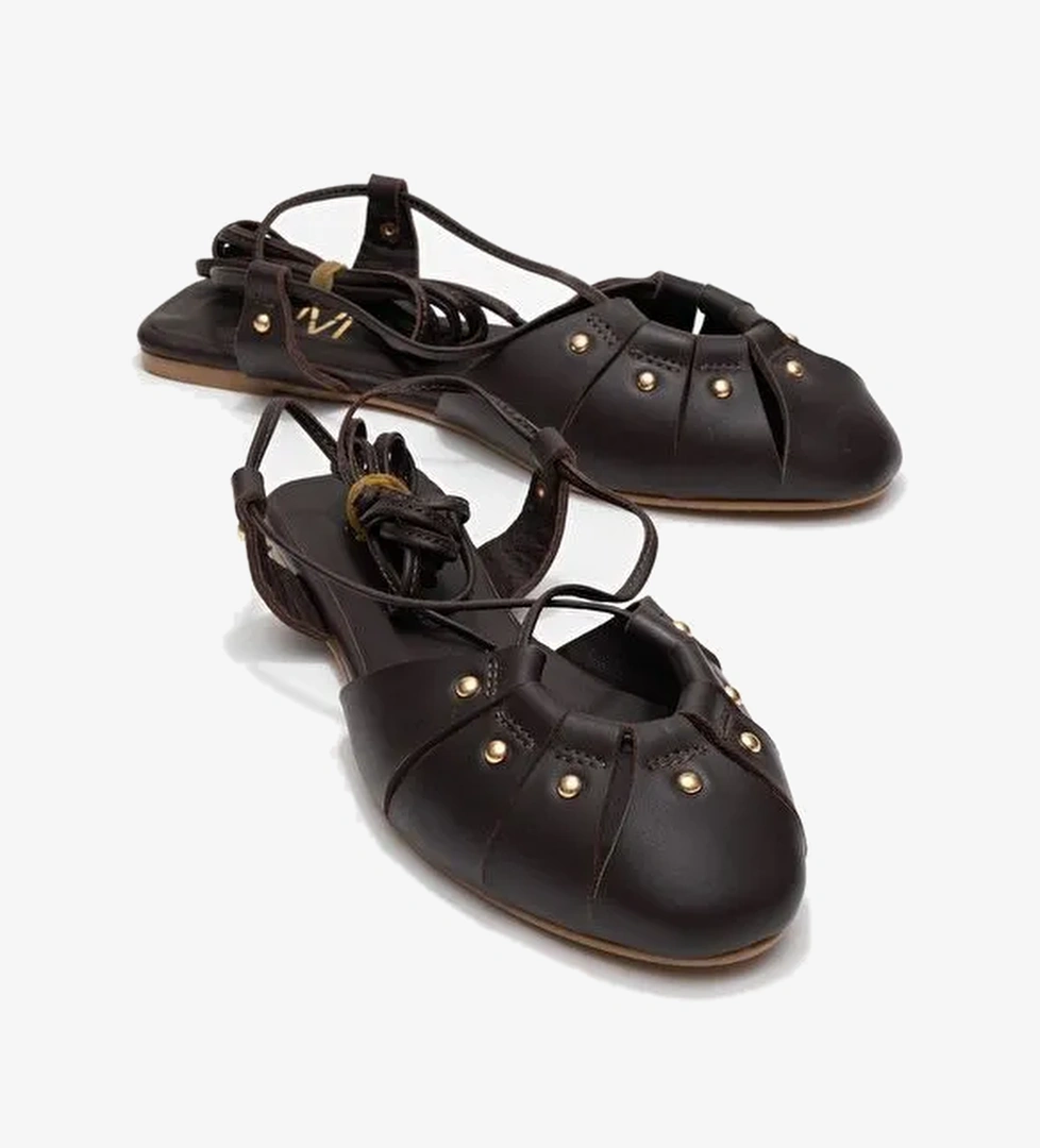 DARIA Kahverengi Hakiki Deri Troklu Bilekten Bağcıklı Kadın Sandalet - Görsel 1