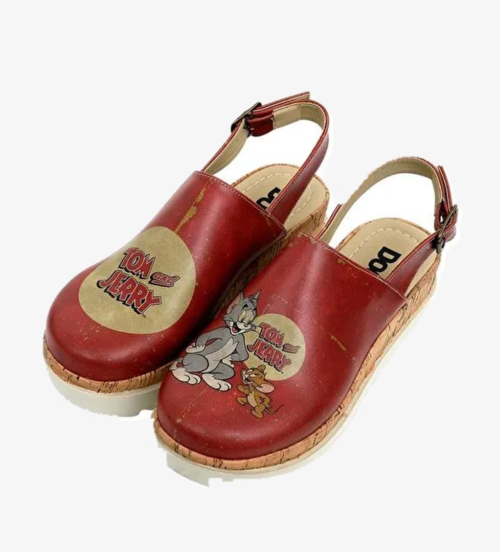 Kadın Vegan Deri Turuncu Kalın Taban Sandalet - Warner Bros Tom ve Jerry Tasarım - Görsel 1