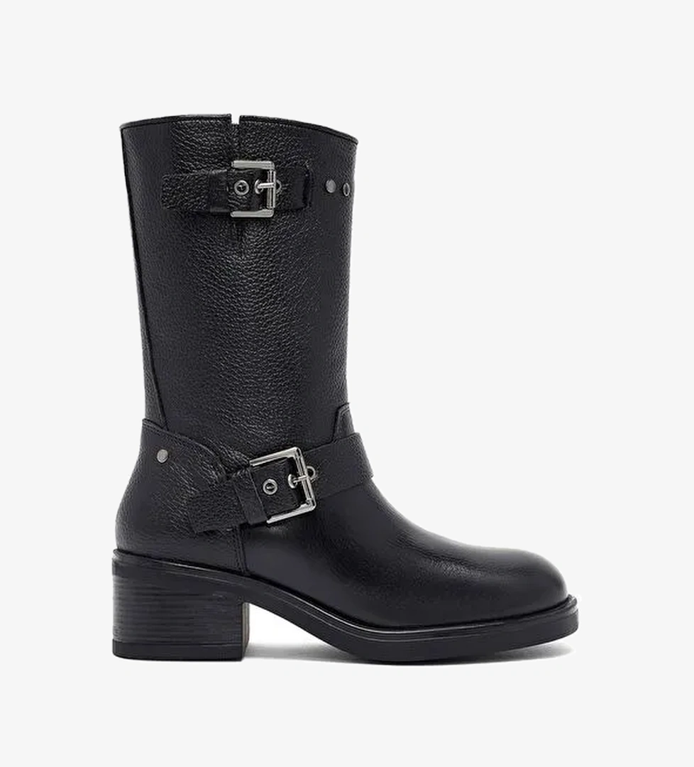 Kadın Siyah Fermuarlı Kısa Kalın Topuklu Deri Bot 25WFD1857FT - Görsel 1