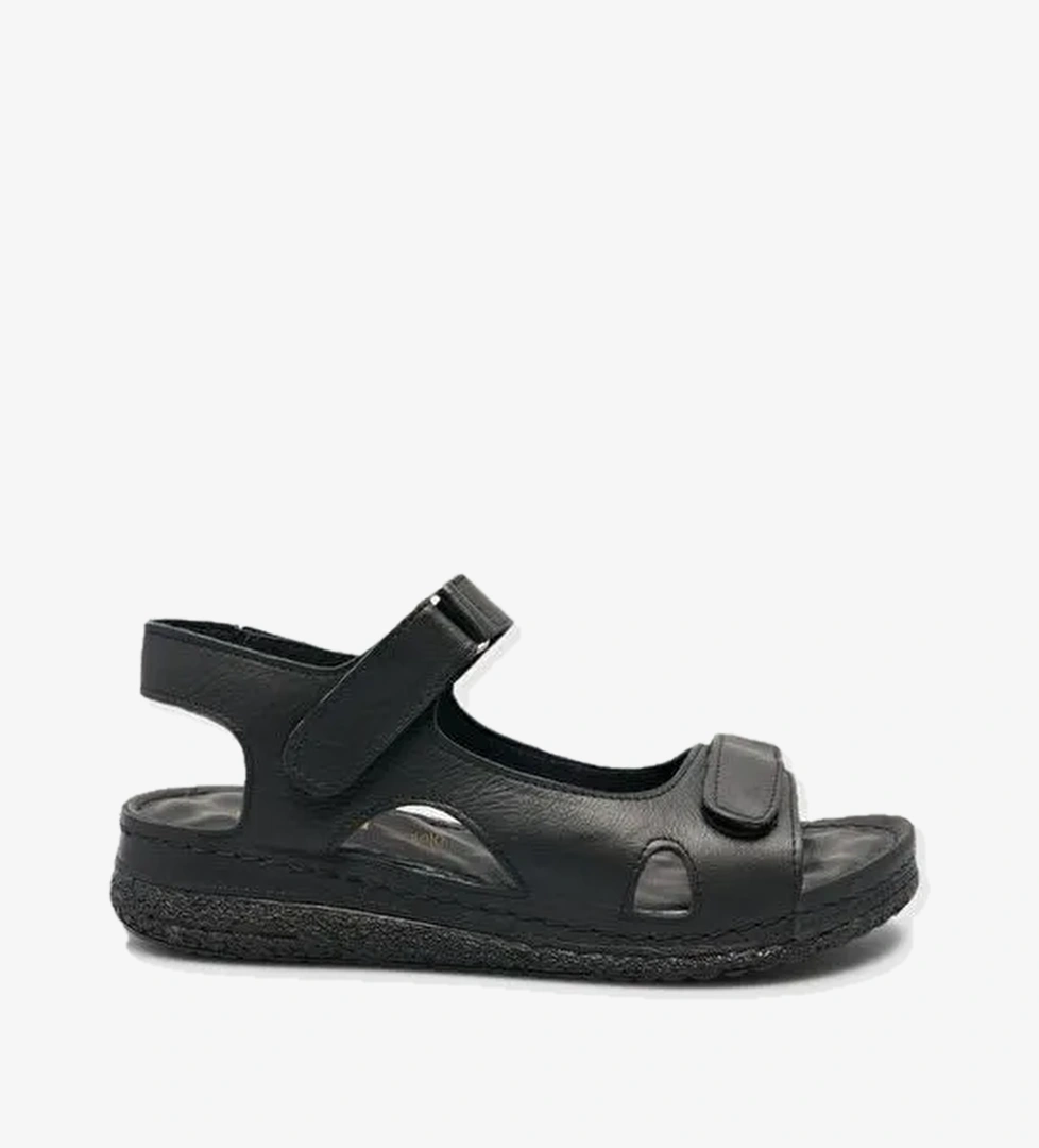 %100 Hakiki Deri Siyah Kadın Sandalet - Görsel 1