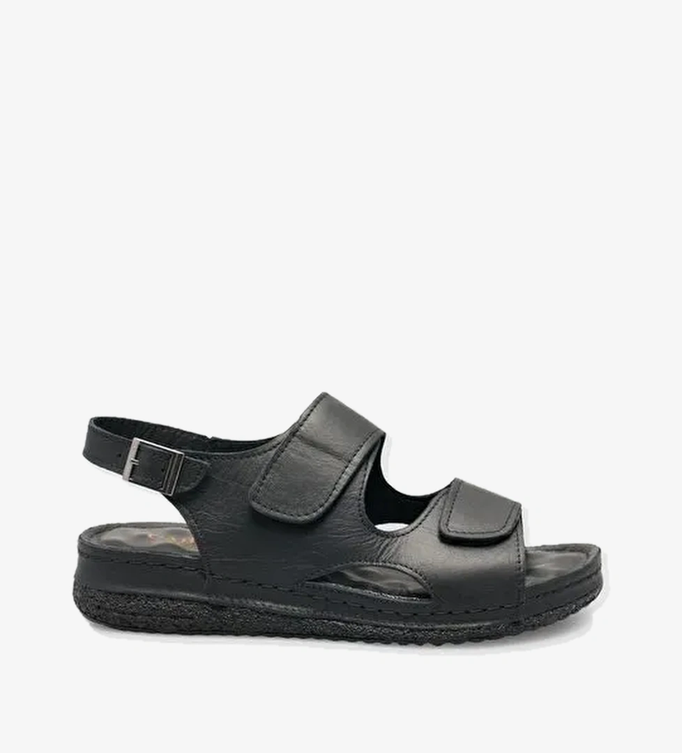 %100 Hakiki Deri Siyah Kadın Sandalet - Görsel 1