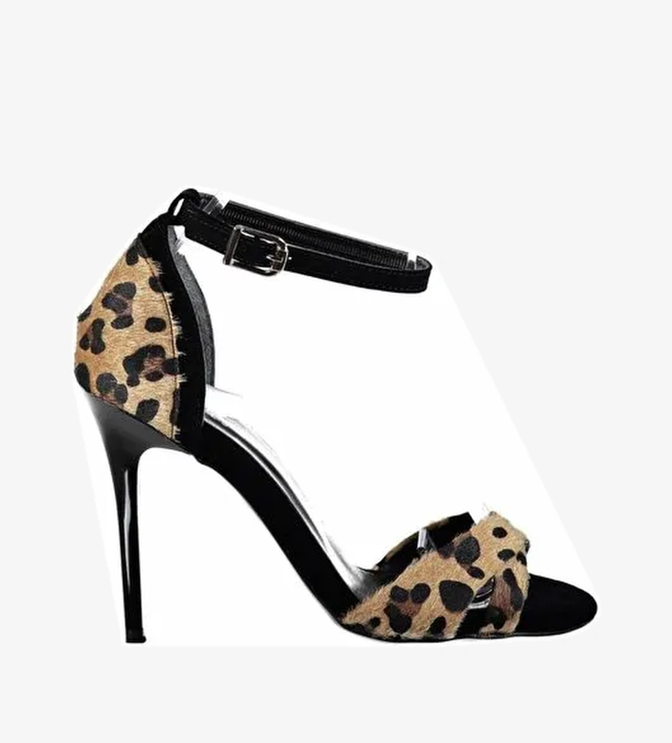 B922113802 Siyah/Leopar Süet İnce Topuklu Kadın Ayakkabı - Görsel 1