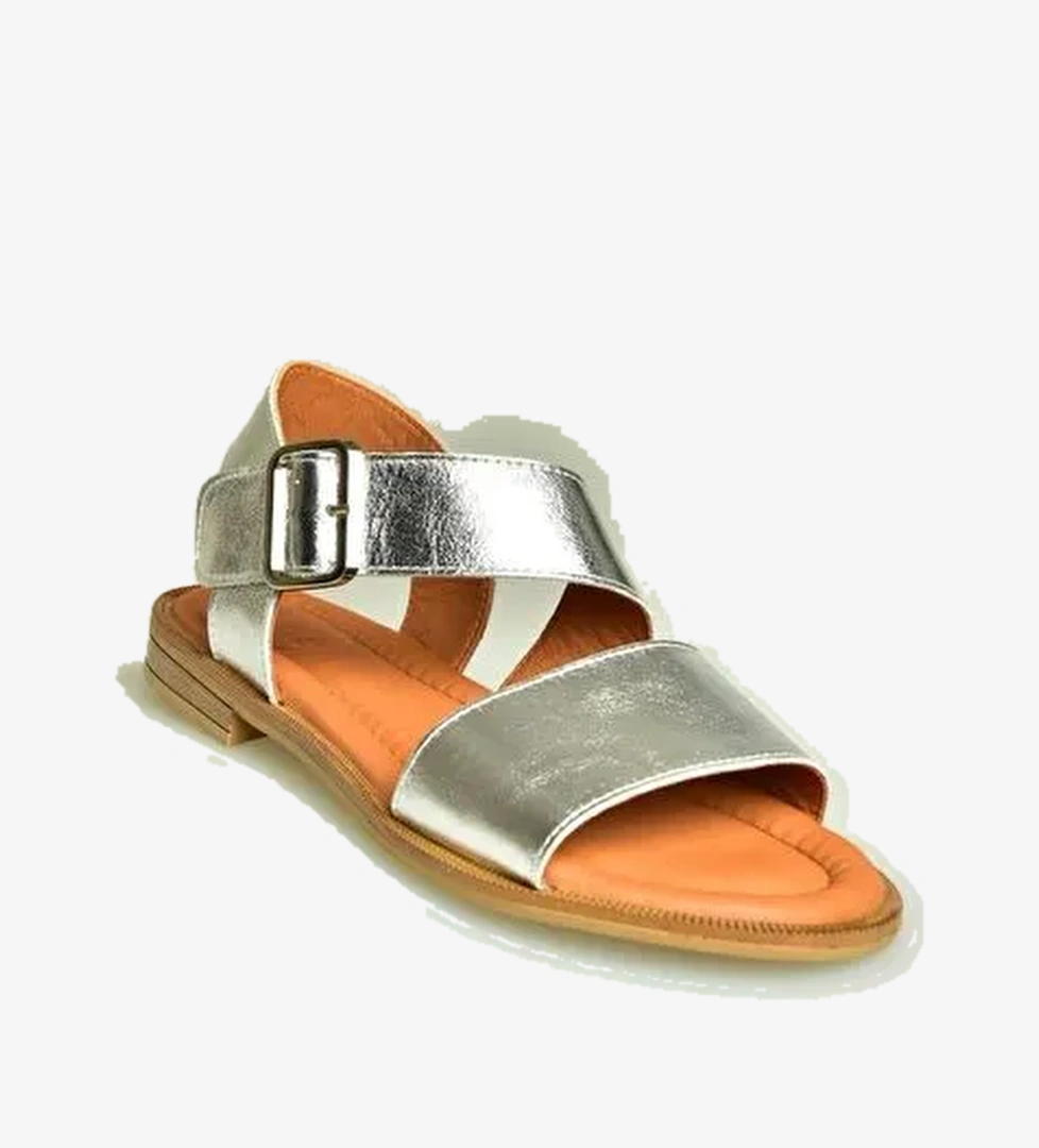 U944150303 Gümüş Kalın Bantlı Hakiki Deri Kadın Sandalet - Görsel 1