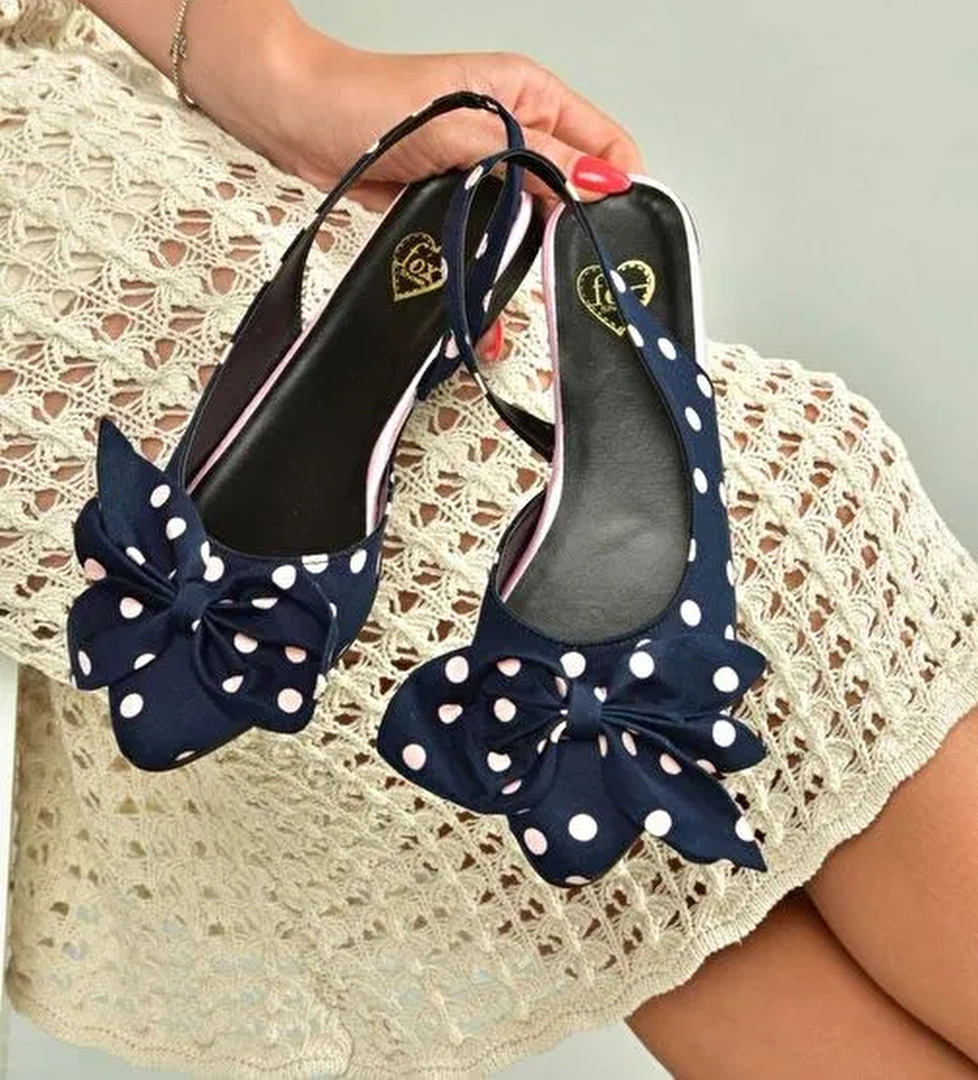 H726809004 Lacivert Puantiye/Pudra Kumaş Kadın Babet - Görsel 1