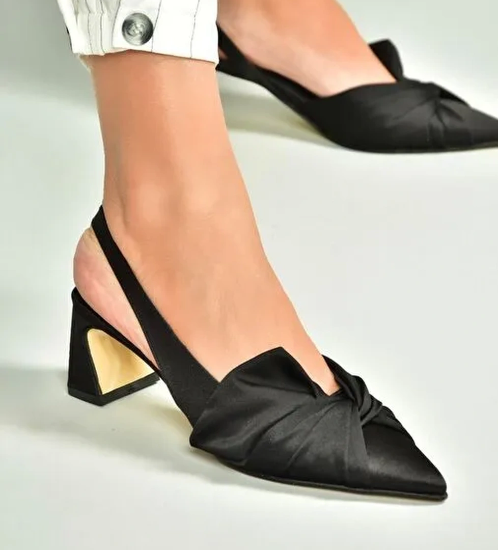 U654080704 Siyah Kumaş Kalın Topuklu Kadın Ayakkabı - Görsel 1