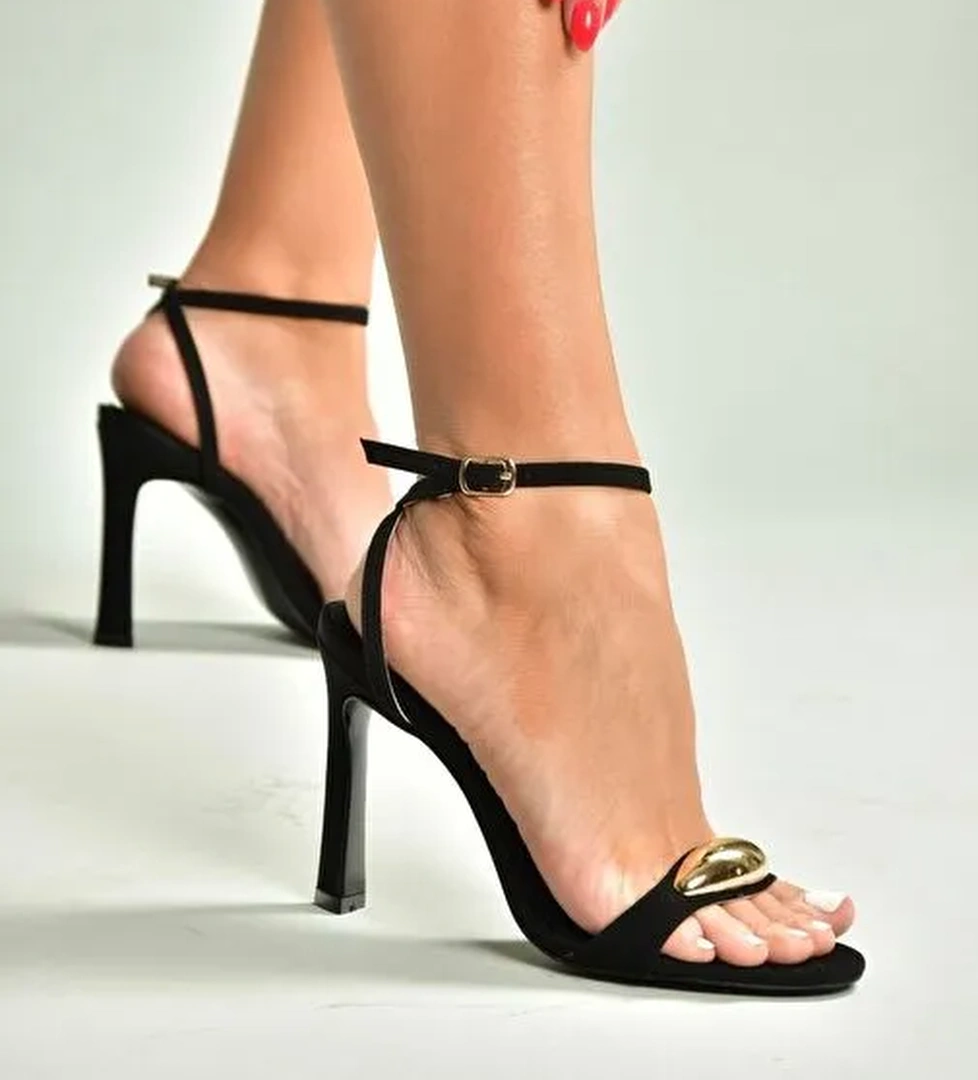 U676585804 Siyah Kumaş Kalın Topuklu Kadın Ayakkabı - Görsel 1