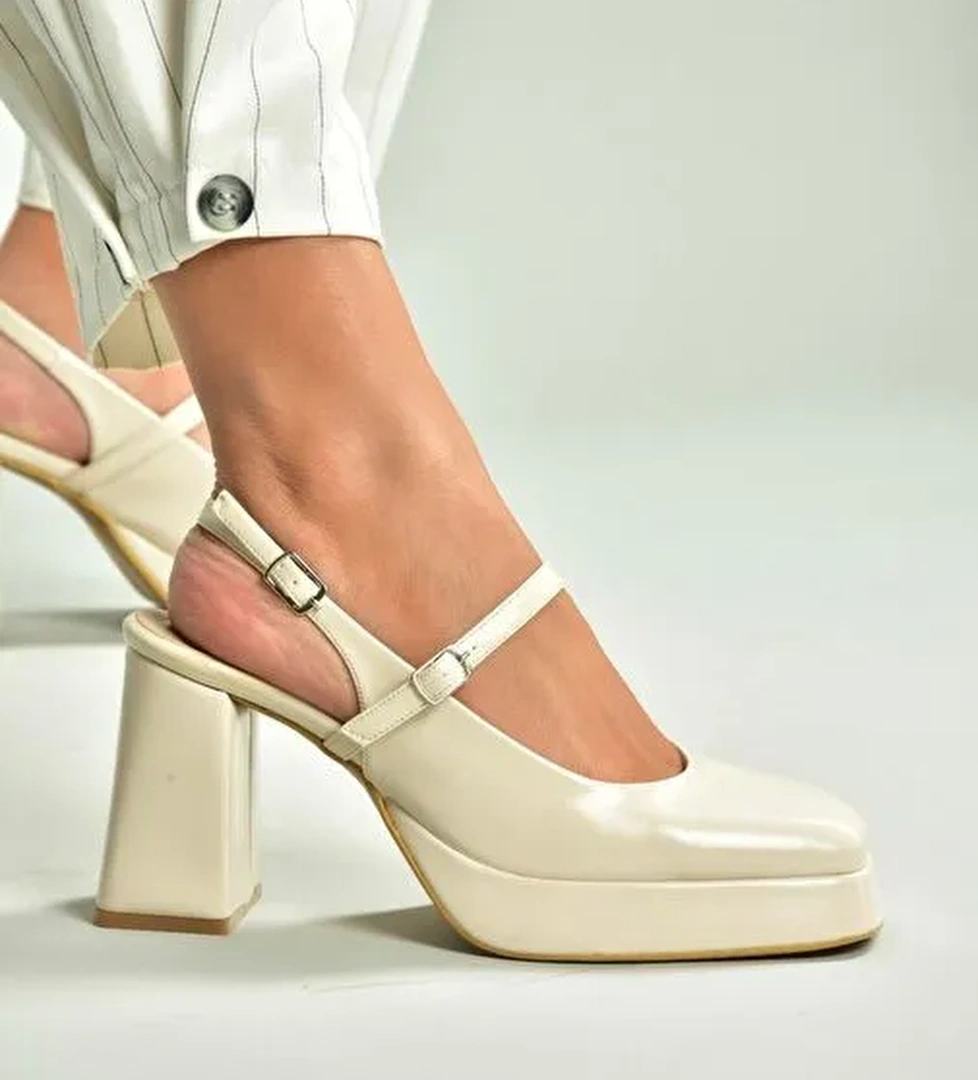 S282030908 Bej Rugan Kalın Topuklu Kadın Ayakkabı - Görsel 1