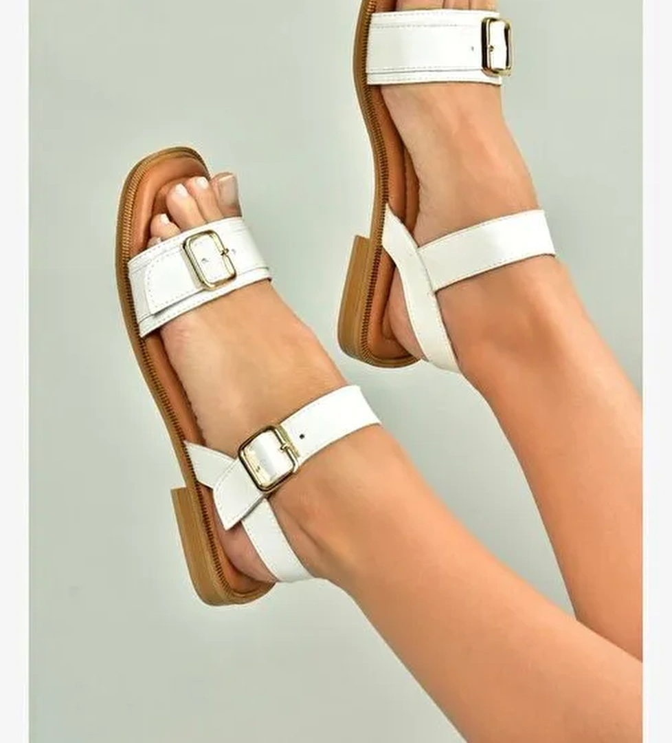 U944834003 Beyaz Hakiki Deri Kadın Sandalet - Görsel 1