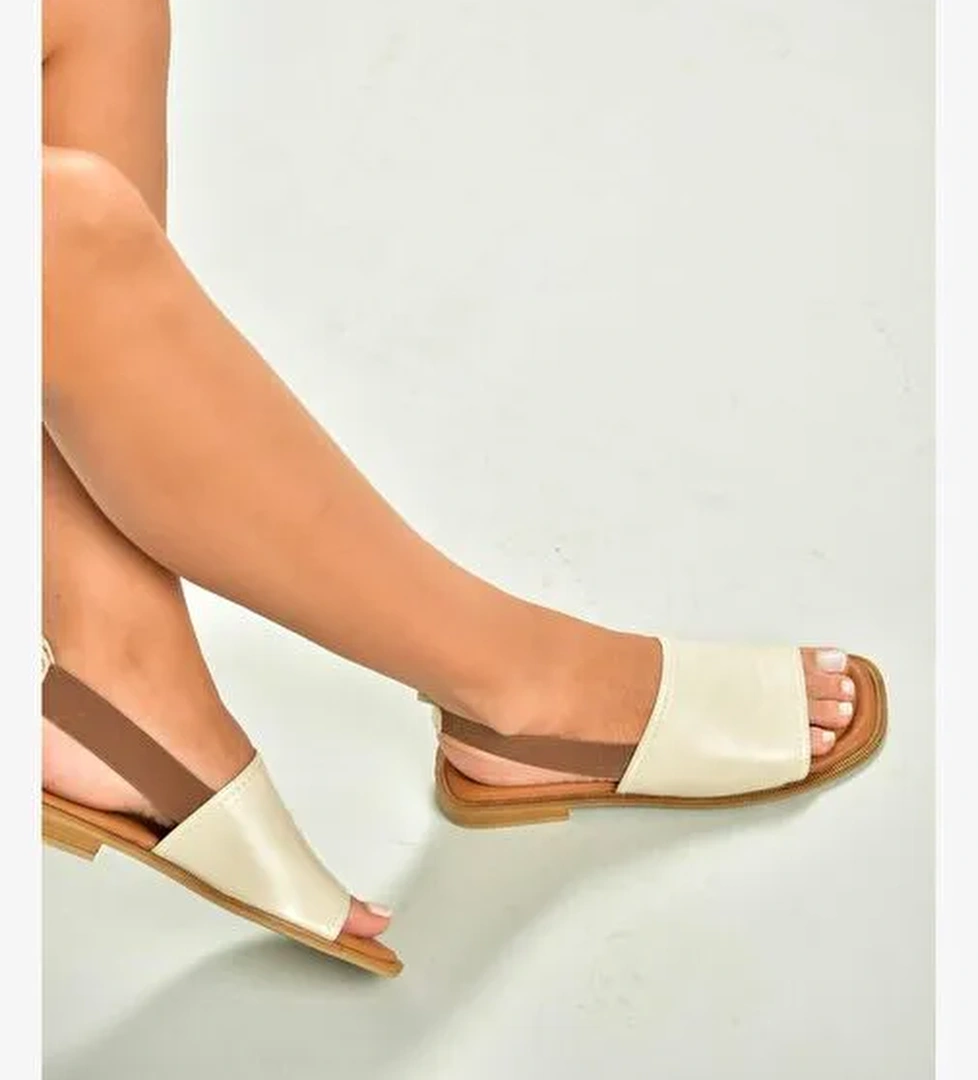 U944704203 Bej Hakiki Deri Kadın Sandalet - Görsel 1