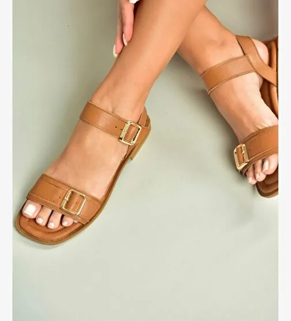 U944834003 Taba Hakiki Deri Kadın Sandalet - Görsel 1