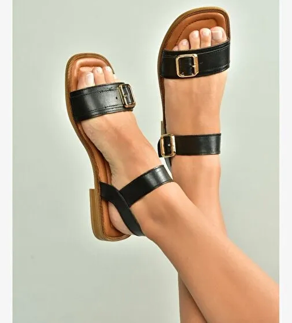 U944834003 Siyah Hakiki Deri Kadın Sandalet - Görsel 1