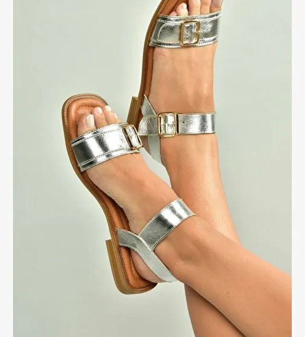 U944834003 Gümüş Hakiki Deri Kadın Sandalet - Görsel 1