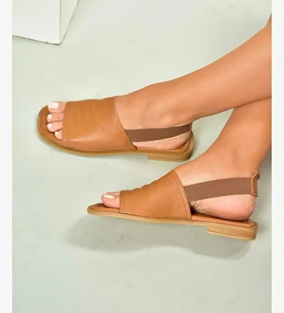 U944704203 Taba Hakiki Deri Kadın Sandalet - Görsel 1