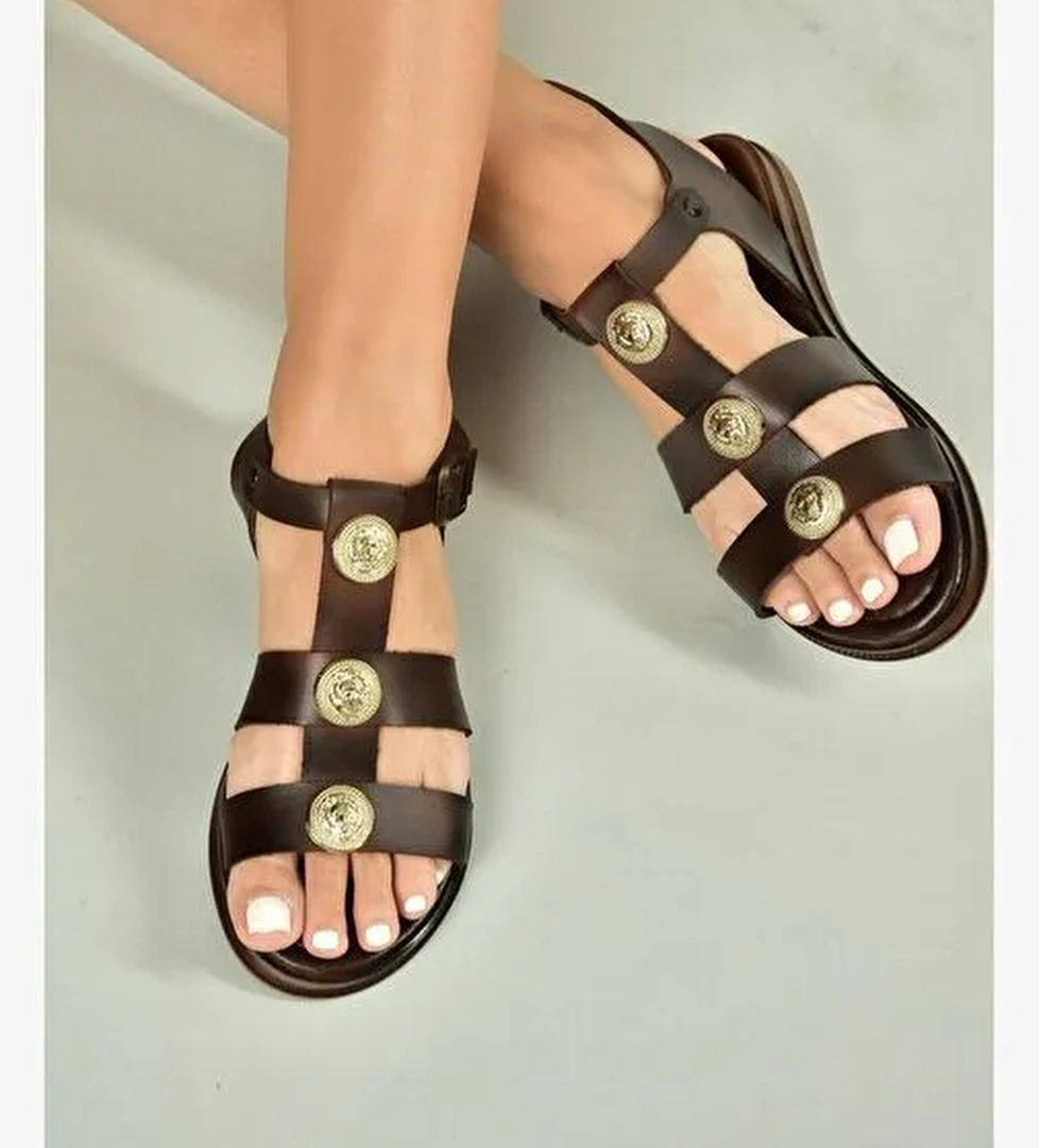 U390971303 Kahverengi Hakiki Deri Kadın Sandalet - Görsel 1