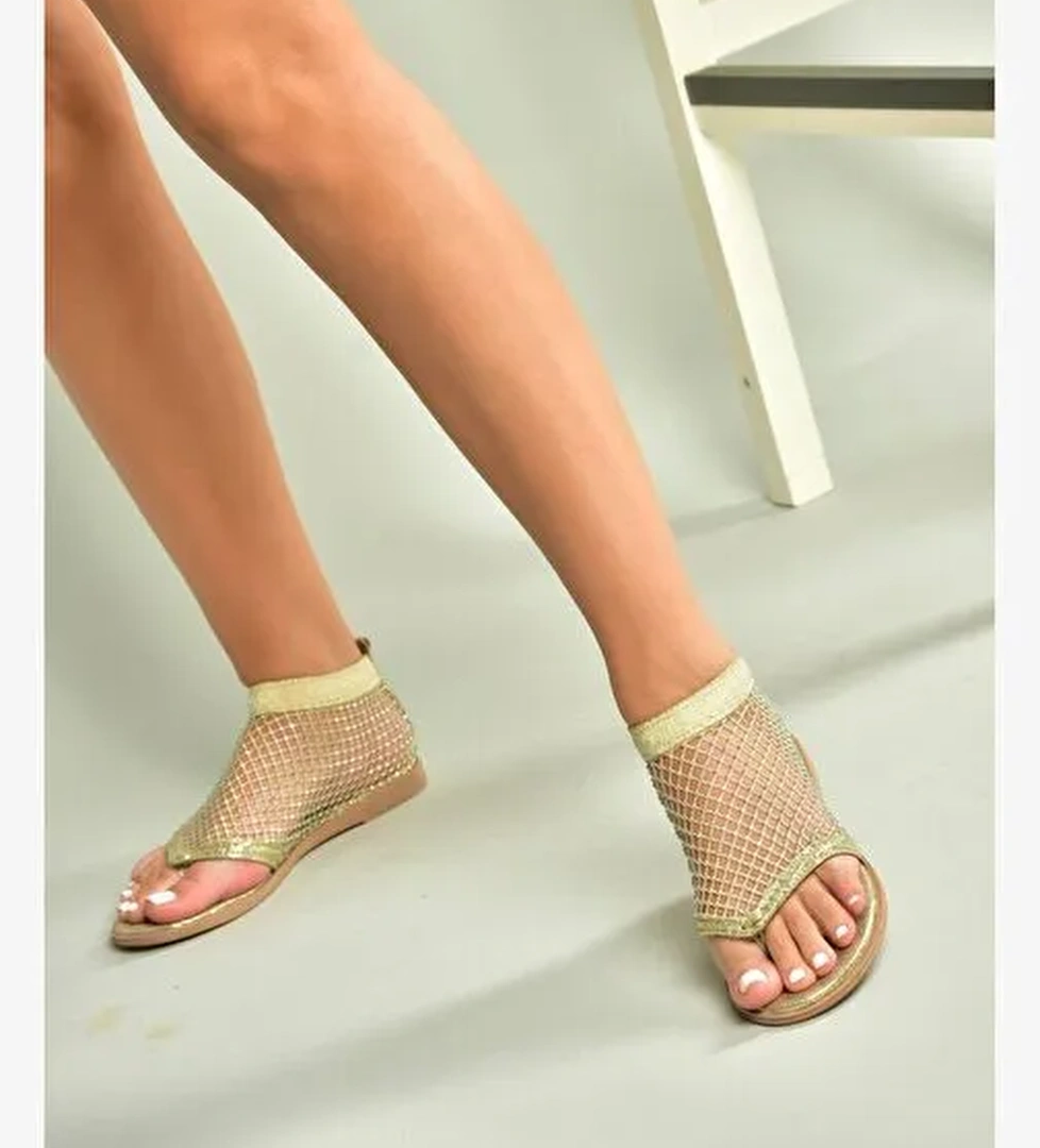 U713261215 Altın File Parmak Arası Kadın Sandalet - Görsel 1