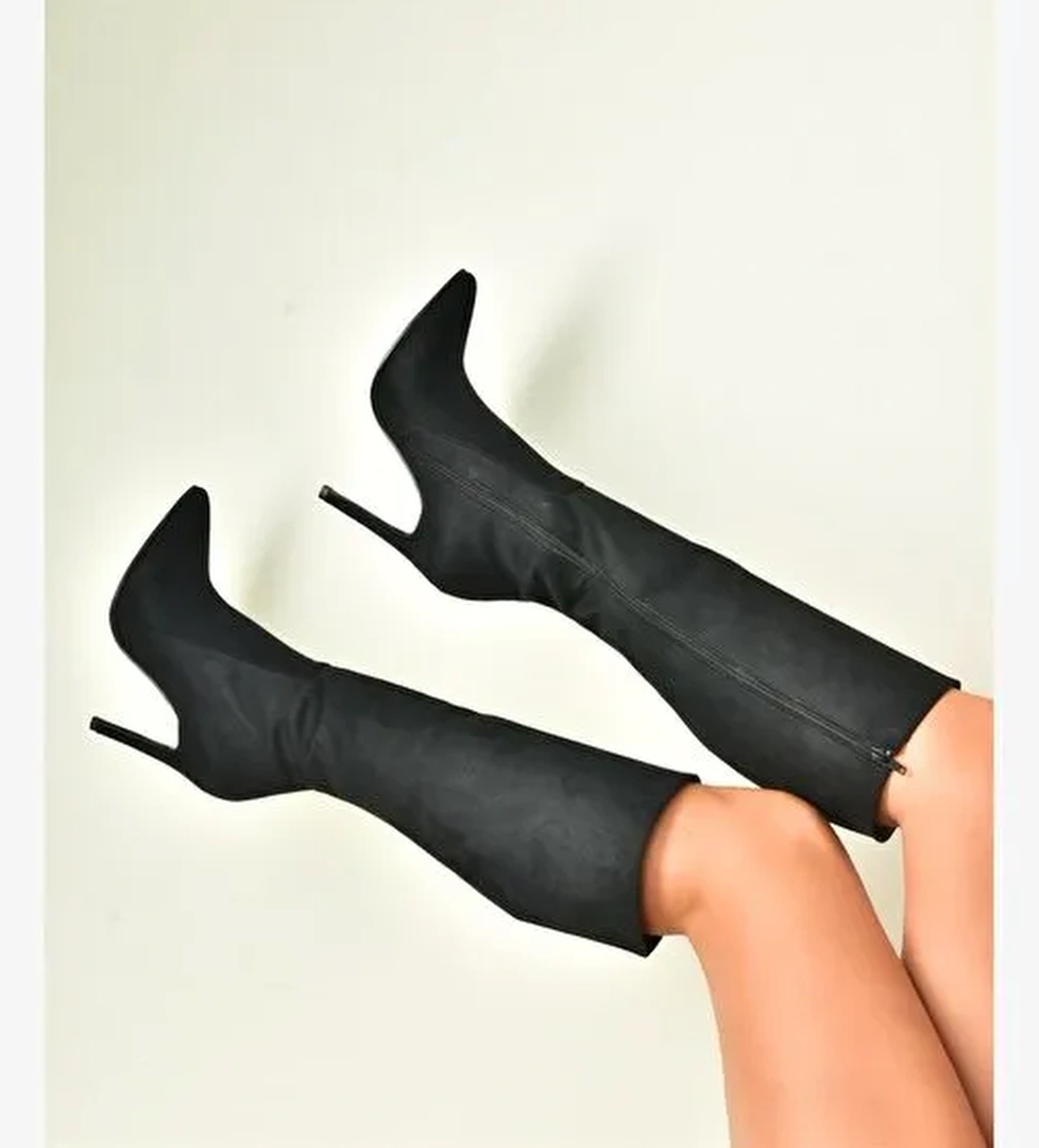 Siyah Süet İnce Topuklu Sivri Burun Kadın Çizme N372530102 - Görsel 1