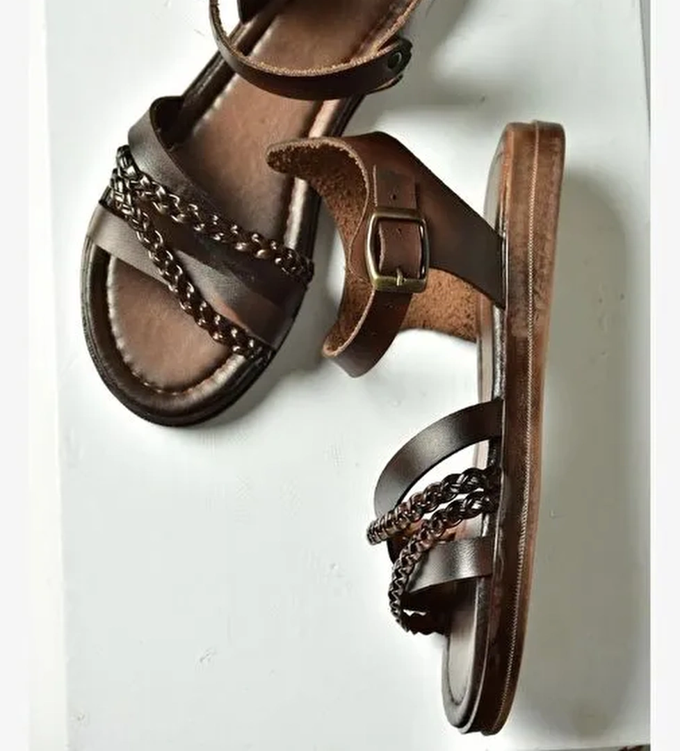 U390906403 Kahverengi Hakiki Deri Kadın Sandalet - Görsel 1