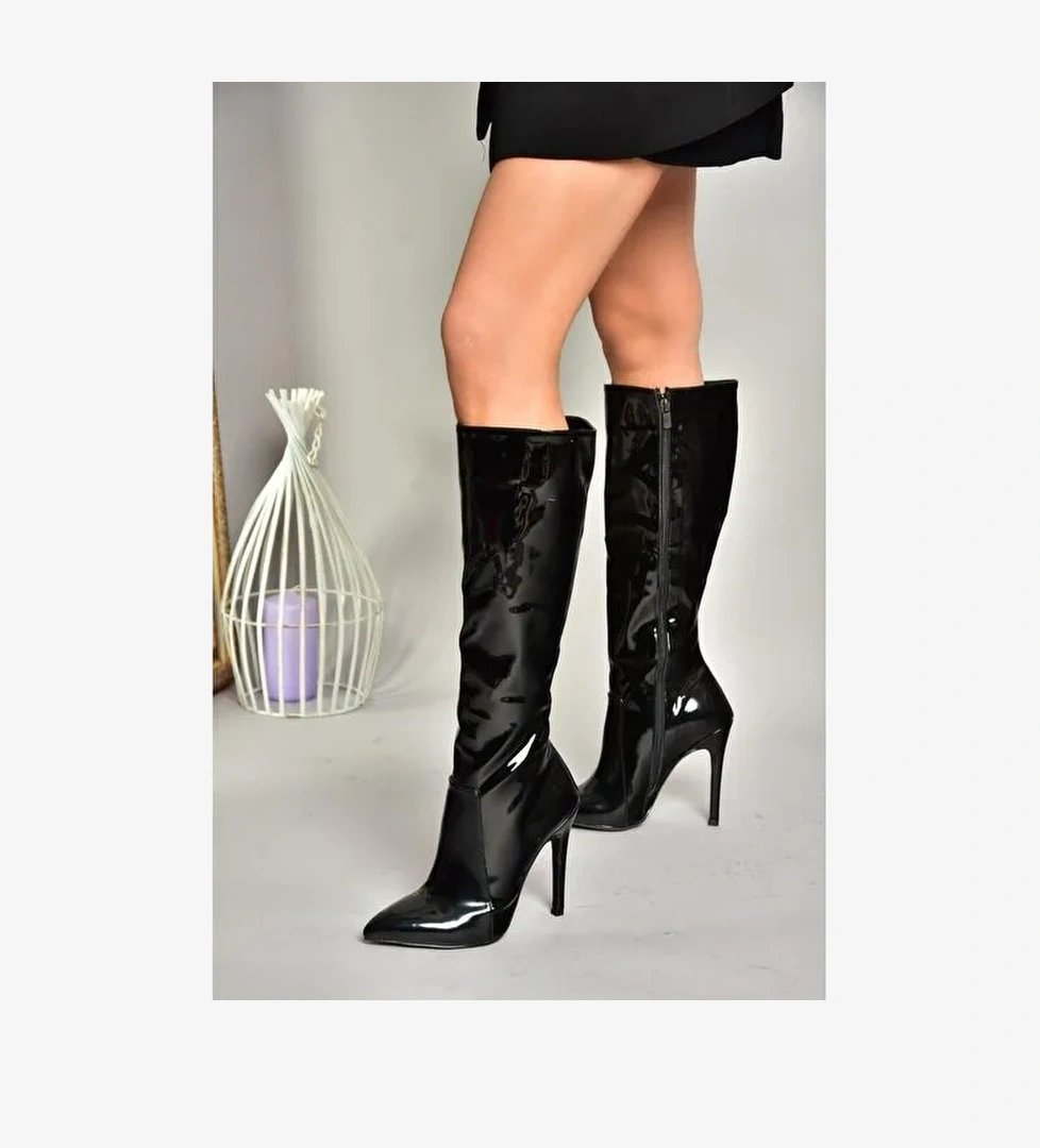 N372530108 Siyah Rugan İnce Topuklu Sivri Burun Kadın Çizme - Görsel 1