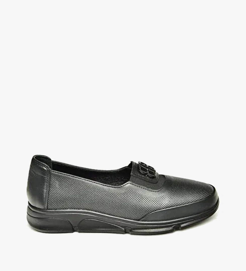 T555081303 Siyah Hakiki Deri Comfort Ortopedik Taban Kadın Ayakkabı - Görsel 1