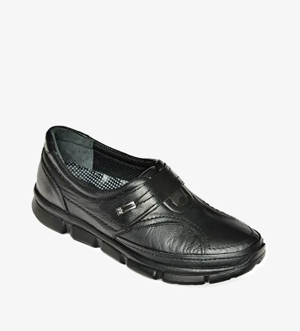 P555190103 Siyah Hakiki Deri Comfort Ortopedik Taban Kadın Ayakkabı - Görsel 1