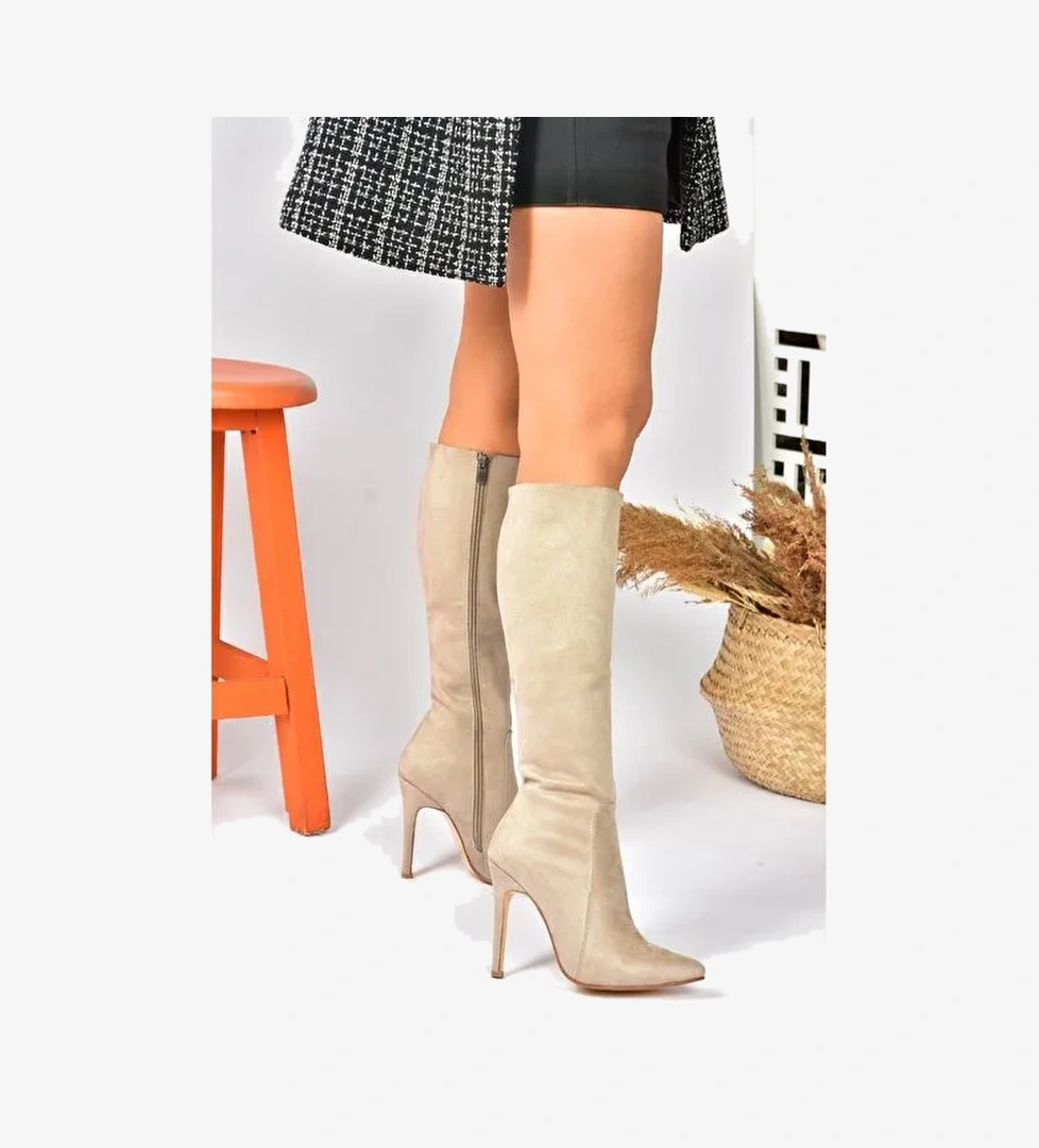 Bej Süet İnce Topuklu Sivri Burun Kadın Çizme N372530102 - Görsel 1