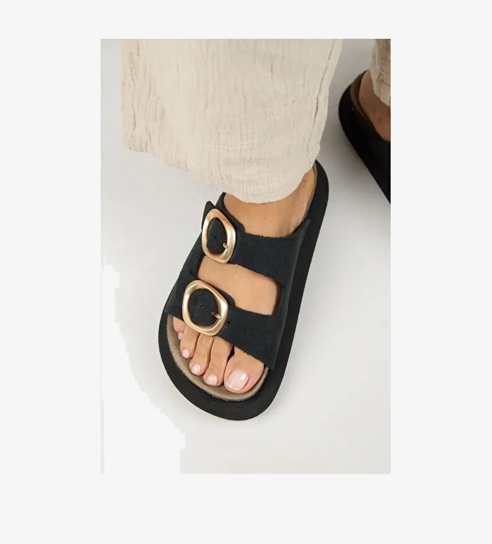 Manijero Narducci Kadın Hakiki Deri Çift Tokalı Siyah Terlik - Görsel 1