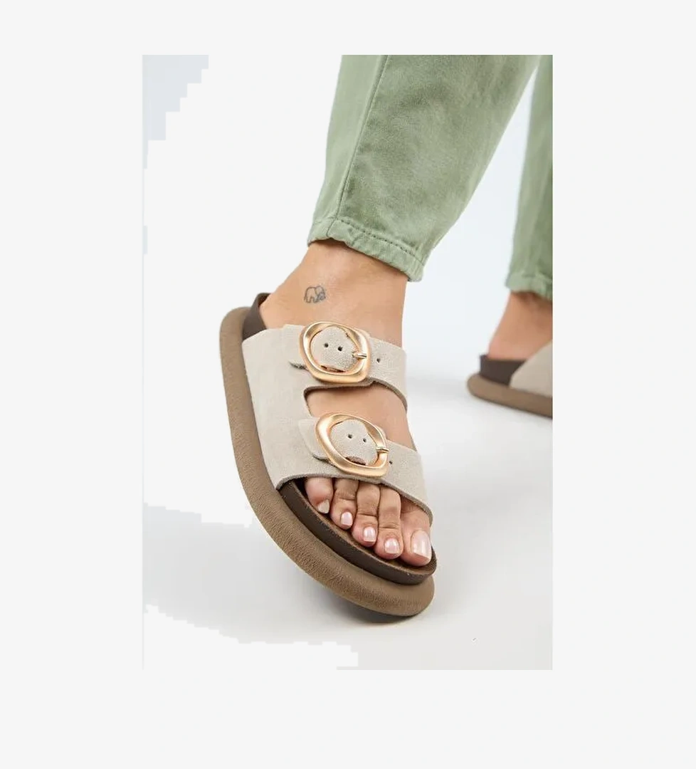 Manijero Narducci Kadın Hakiki Deri Çift Tokalı Bej Terlik - Görsel 1