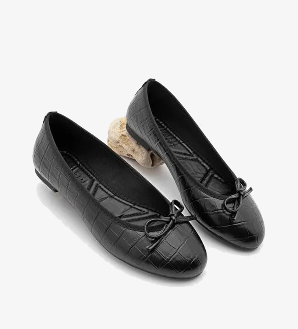 Kadın Yuvarlak Burun Balerin Fiyonklu Günlük Babet Lotvin Siyah Croco - Görsel 1