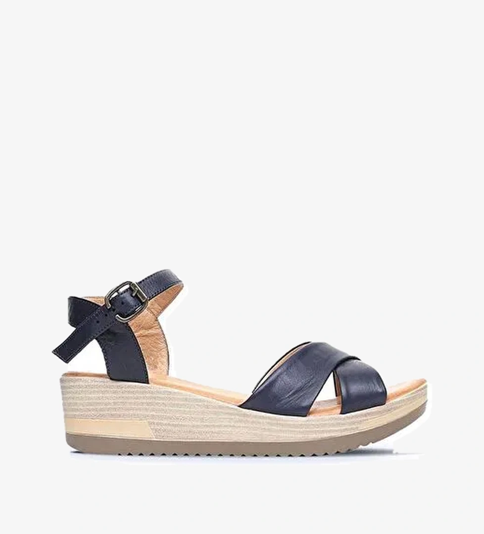 Bueno Shoes Lacivert Deri Kadın Dolgu Topuklu Sandalet 01wl3303 - Görsel 1