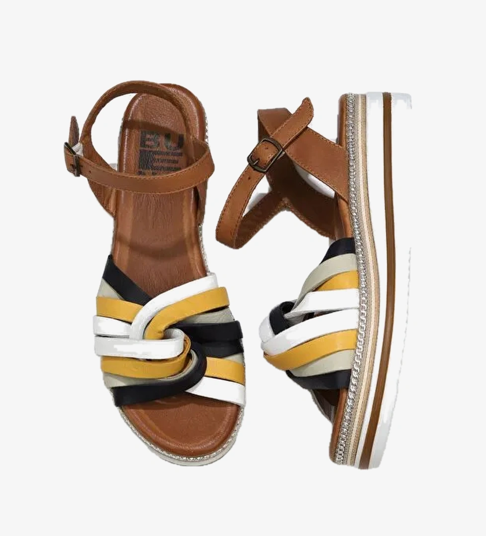 Bueno Shoes Lacivert Multi Deri Kadın Dolgu Topuklu Sandalet 01wu0405