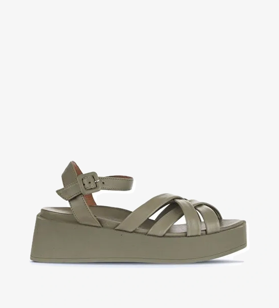 Bueno Shoes Haki Deri Kadın Dolgu Topuklu Sandalet 01wa4301 - Görsel 1