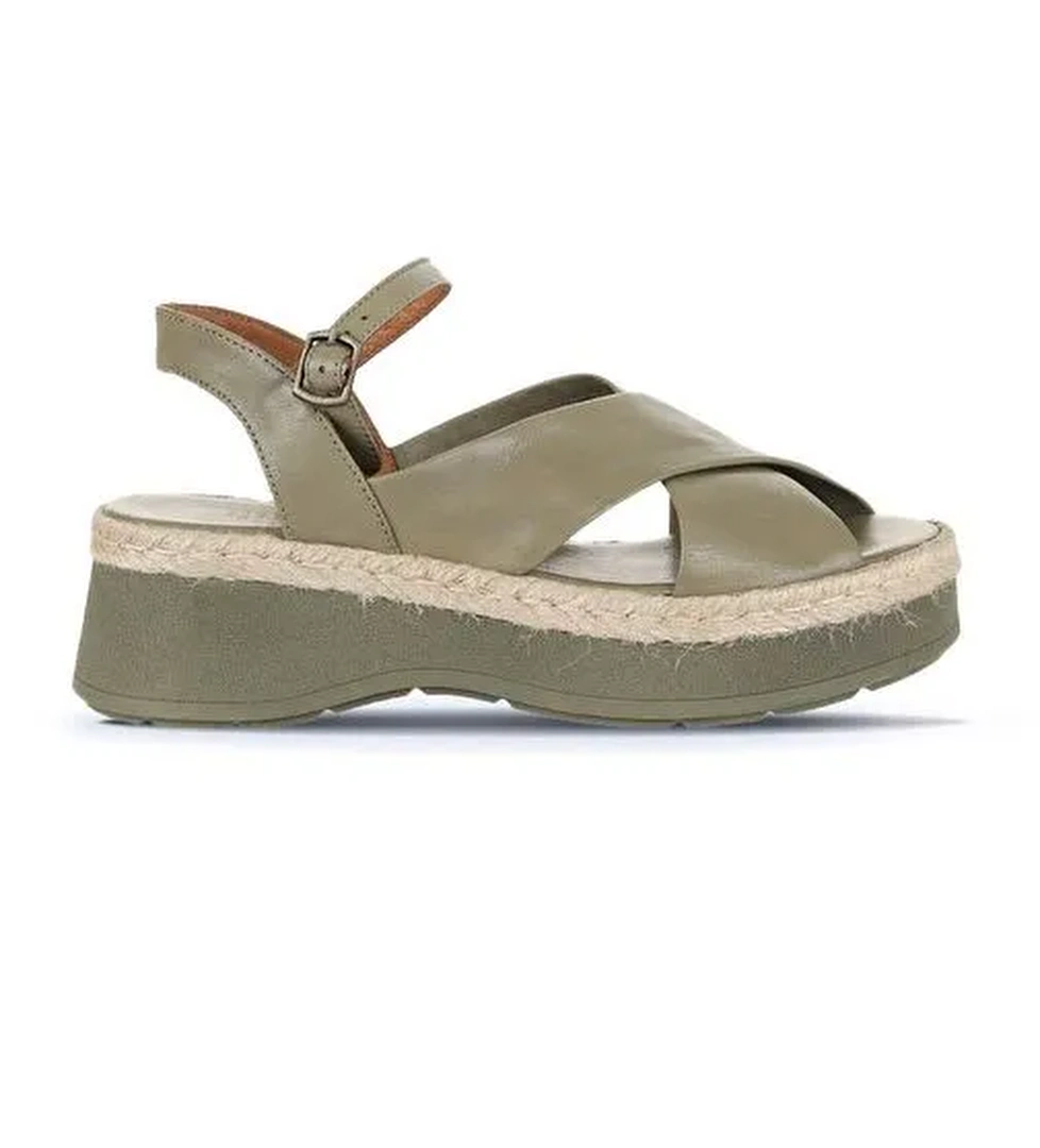 Bueno Shoes Haki Deri Kadın Dolgu Topuklu Sandalet 01wy8205 - Görsel 1