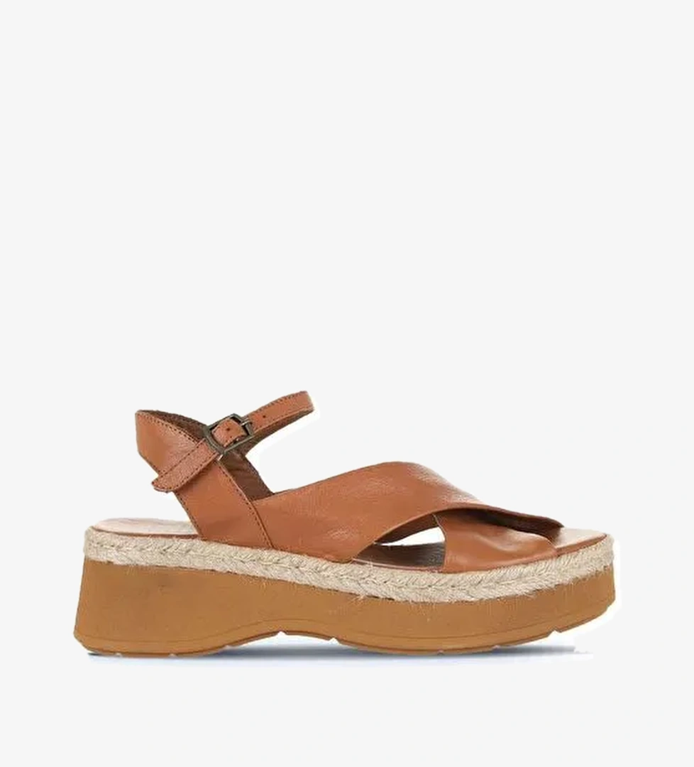 Bueno Shoes Taba Koyu Deri Kadın Dolgu Topuklu Sandalet 01wy8205 - Görsel 1