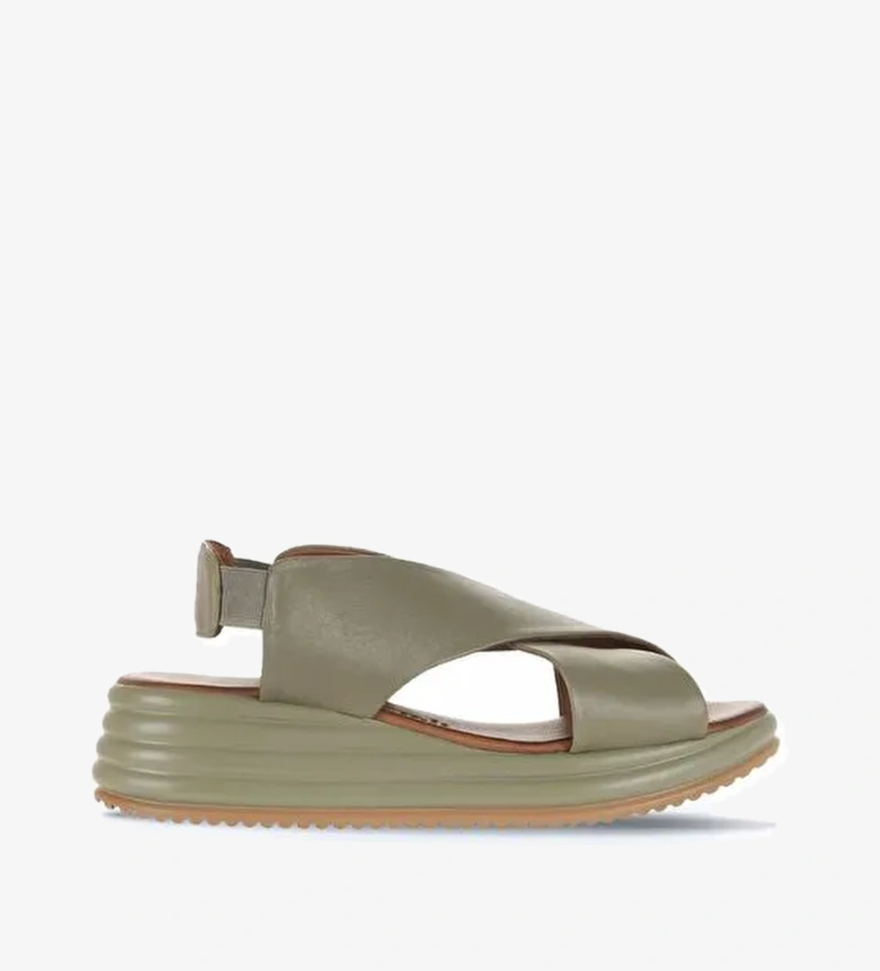 Bueno Shoes Haki Deri Kadın Dolgu Topuklu Sandalet 01wy5703 - Görsel 1