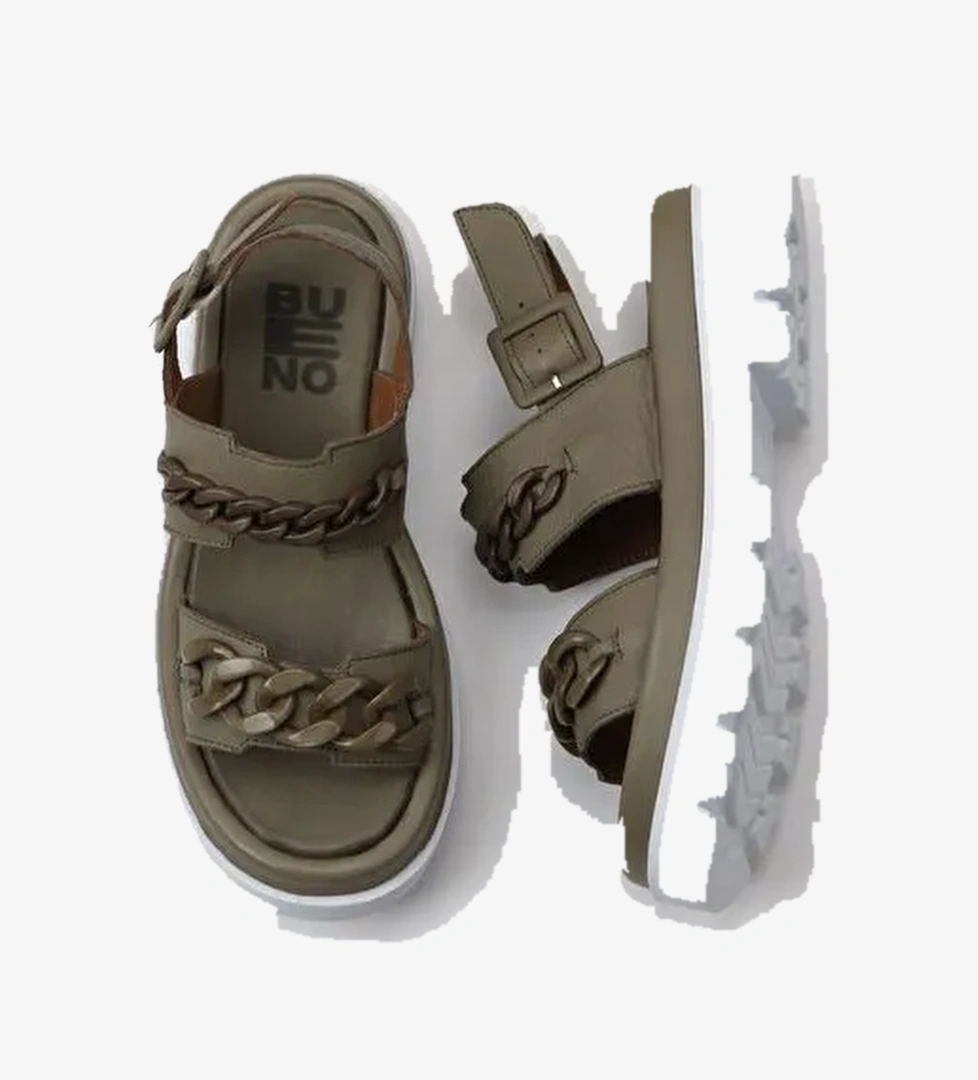 Bueno Shoes Haki Deri Kadın Dolgu Topuklu Sandalet 01wu7300 - Görsel 1