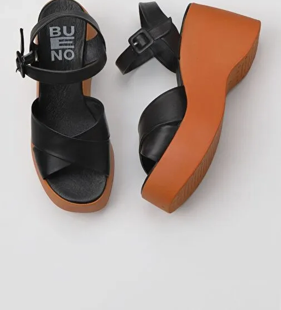 Bueno Shoes Siyah Deri Kadın Dolgu Topuklu Sandalet 01wy9001 - Görsel 1
