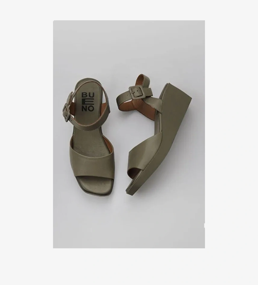 Bueno Shoes Haki Deri Kadın Dolgu Topuklu Sandalet 01wy2400 - Görsel 1
