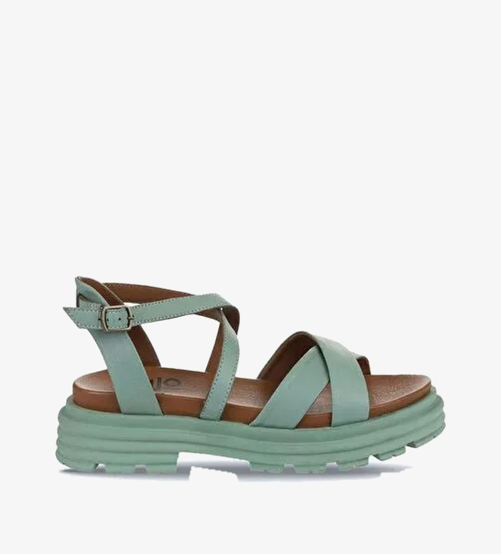 Bueno Shoes Yeşil Açık Deri Kadın Dolgu Topuklu Sandalet 01wy8305
