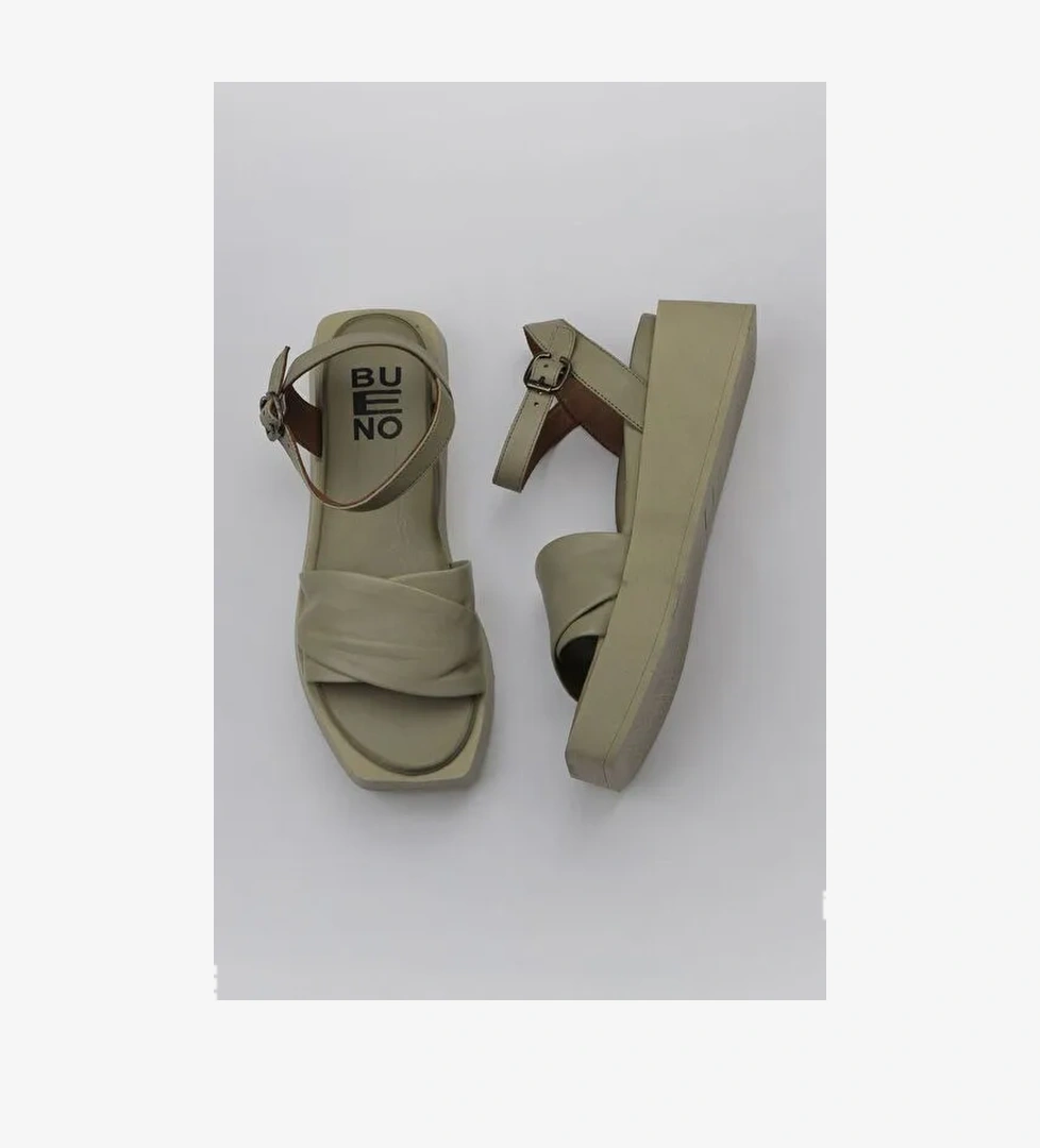 Bueno Shoes Haki Deri Kadın Dolgu Topuklu Sandalet 01wy5909 - Görsel 1