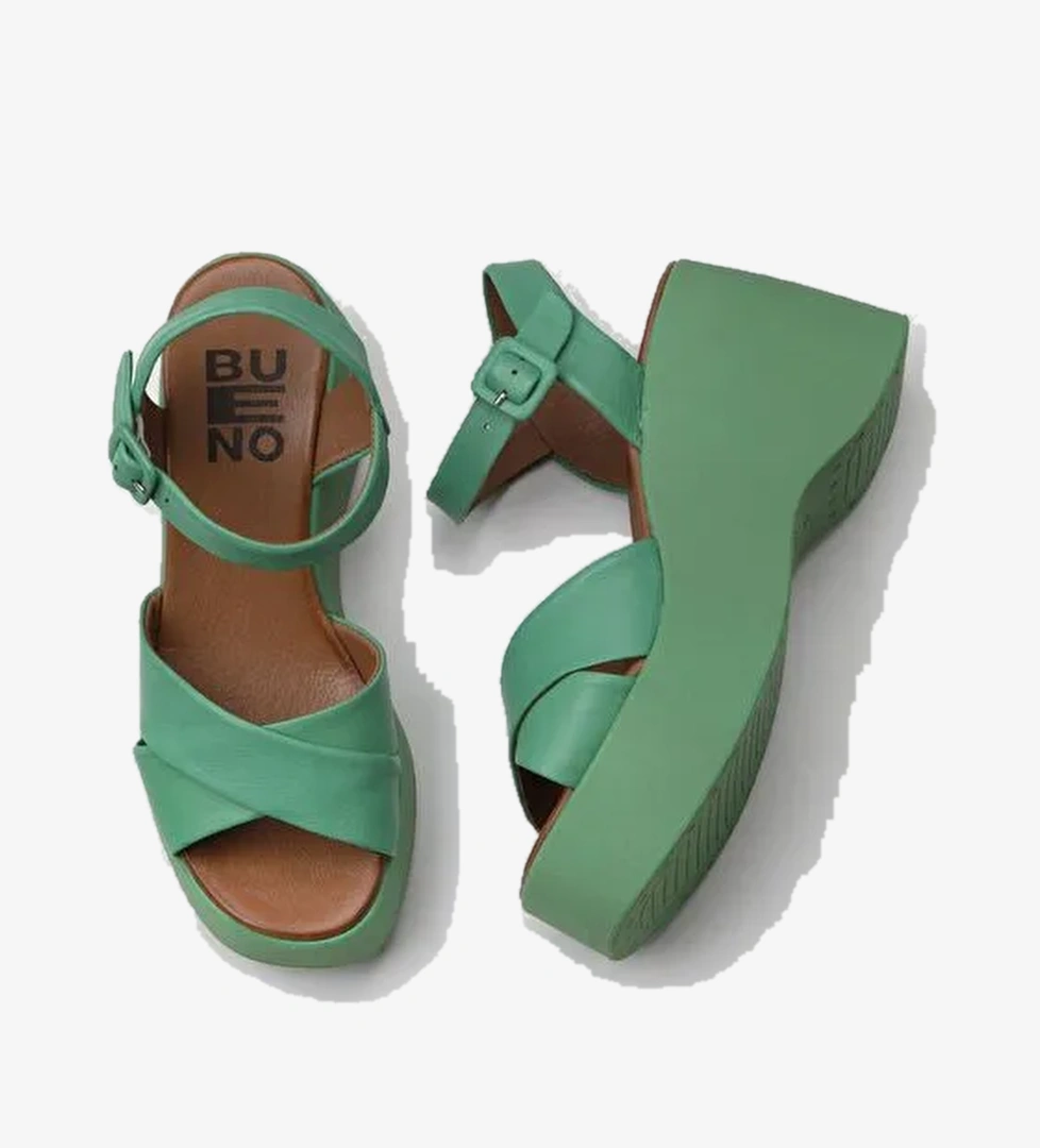 Bueno Shoes Yeşil Koyu Deri Kadın Dolgu Topuklu Sandalet 01wy9001 - Görsel 1