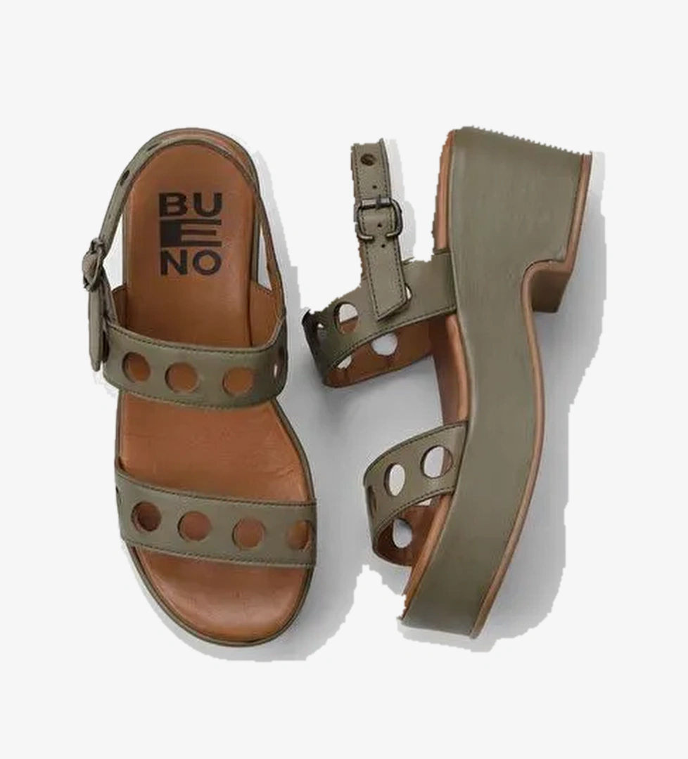 Bueno Shoes Yeşil Deri Kadın Dolgu Topuklu Sandalet 01wu8105 - Görsel 1